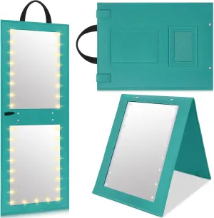 1 Pack Foldable Backstage Hanging Mirror with Full Light 25.2x11.8 Inch Dance Bag Mirror Travel LED Double Side Lights Full Length for Dancers Artists Aestheticians Home Spa Events(Green)