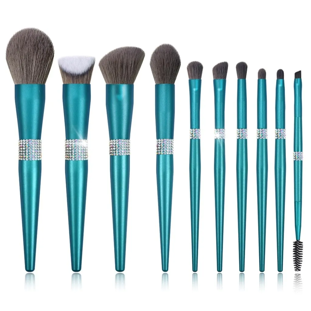 10 Shining Queen Turquoise Makeup Brush Set With Diamond Soft Beauty Tools Set