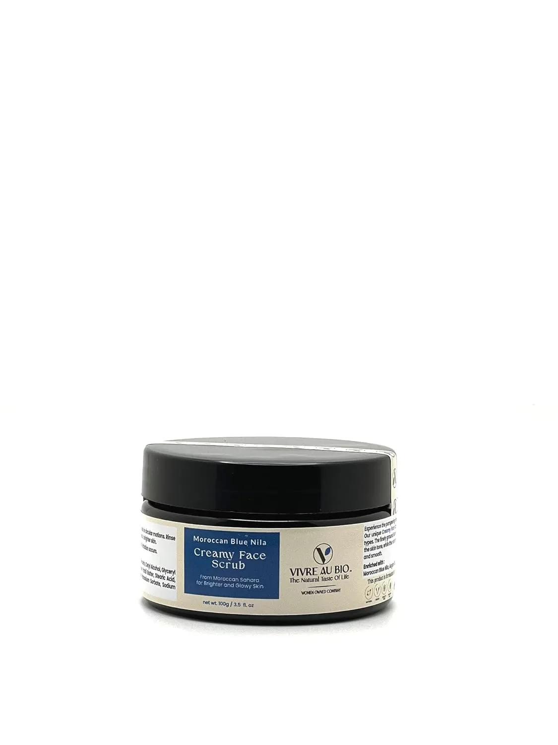 100% Natural Whipped Creamy Face Scrub Infused with Moroccan Blue Nila100g. Formulated in Sweden & Made in Morocco with 100% Moroccan Sourced Ingredients. ISO & GMP Certified.