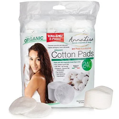 100% Pure ORGANIC Combed Cotton Pads for Makeup/Nail Polish Removal |240-Piece Italian Round Facial Cleansing| 3 Packs of 80 Hypoallergenic & Absorbing Cotton Rounds for Face closed ends