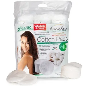 100% Pure ORGANIC Combed Cotton Pads for Makeup/Nail Polish Removal |240-Piece Italian Round Facial Cleansing| 3 Packs of 80 Hypoallergenic & Absorbing Cotton Rounds for Face closed ends