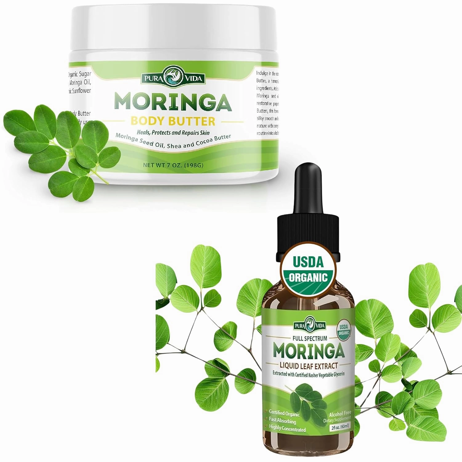 100% Natural Ingredients Moringa Oil Body Butter for Dry Skin with Vitamin A, C, and E And Organic Moringa Leaf Extract Liquid Drops - USDA Organic Certified - Highly Purified