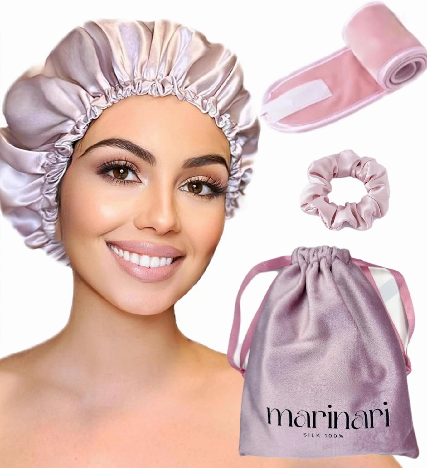 100% Pure Mulberry Silk Bonnet – Double Layer, Adjustable Strap, Silk Hairband & Face Wash Headband, Silk Sleep Cap