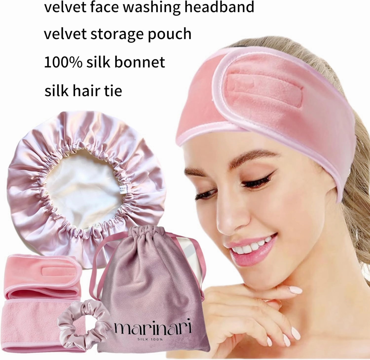 100% Pure Mulberry Silk Bonnet – Double Layer, Adjustable Strap, Silk Hairband & Face Wash Headband, Silk Sleep Cap