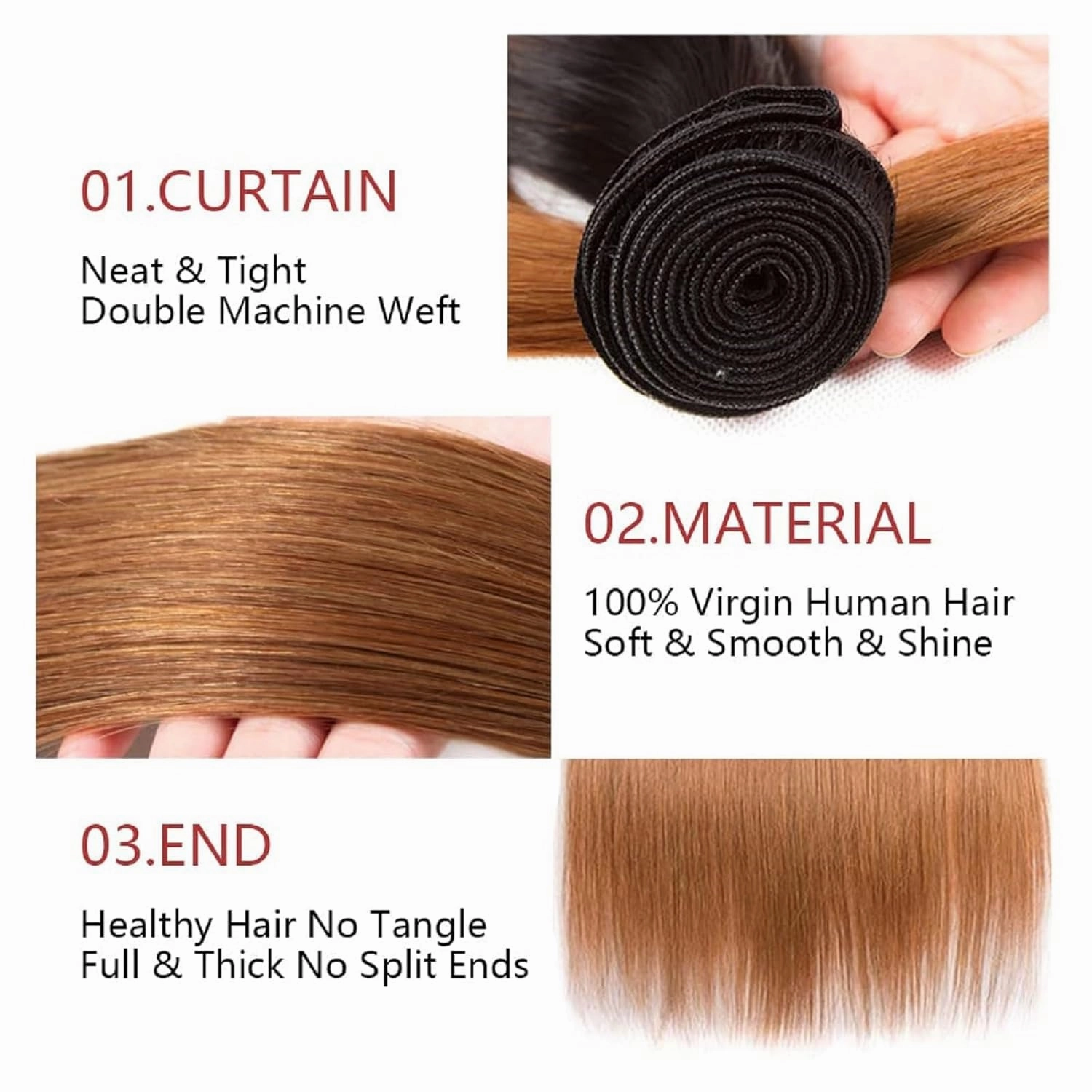10 12 14 Inch Human Hair 3 Bundles Straight 2 Tone Black and Brown 100% Virgin Human Hair Brazilian Weave Remy Hair for Black Women(T1B/30#)