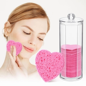 120 Pcs Compressed Facial Sponges with Container, Disposable Natural Face Sponges Round Soft Pads with Container for Washing Face Cleansing Exfoliating Esthetician Makeup Removal Travel (Heart, Pink)