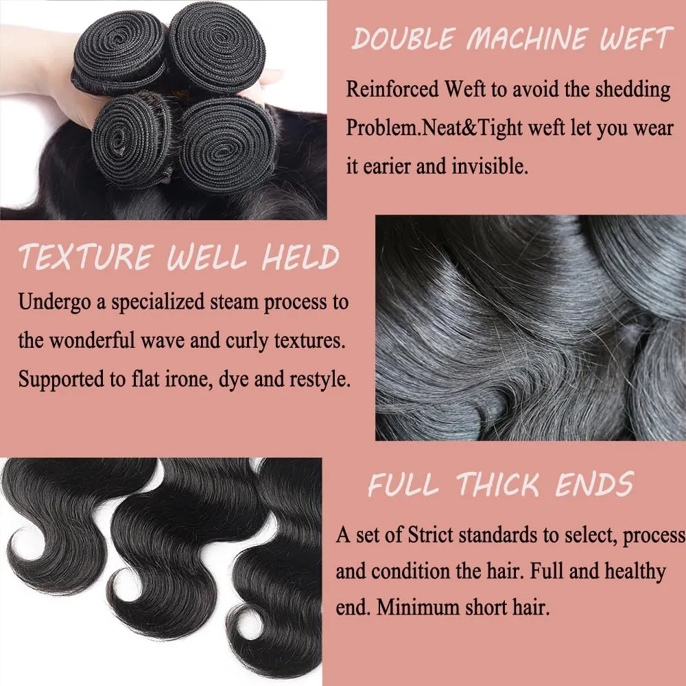 12A Human Hair Bundles Body Wave 100% Unprocessed Brazilian Virgin Hair 3 Bundles Deals Human Hair Extensions Quick Weave Human Hair (14 16 18 Inch)
