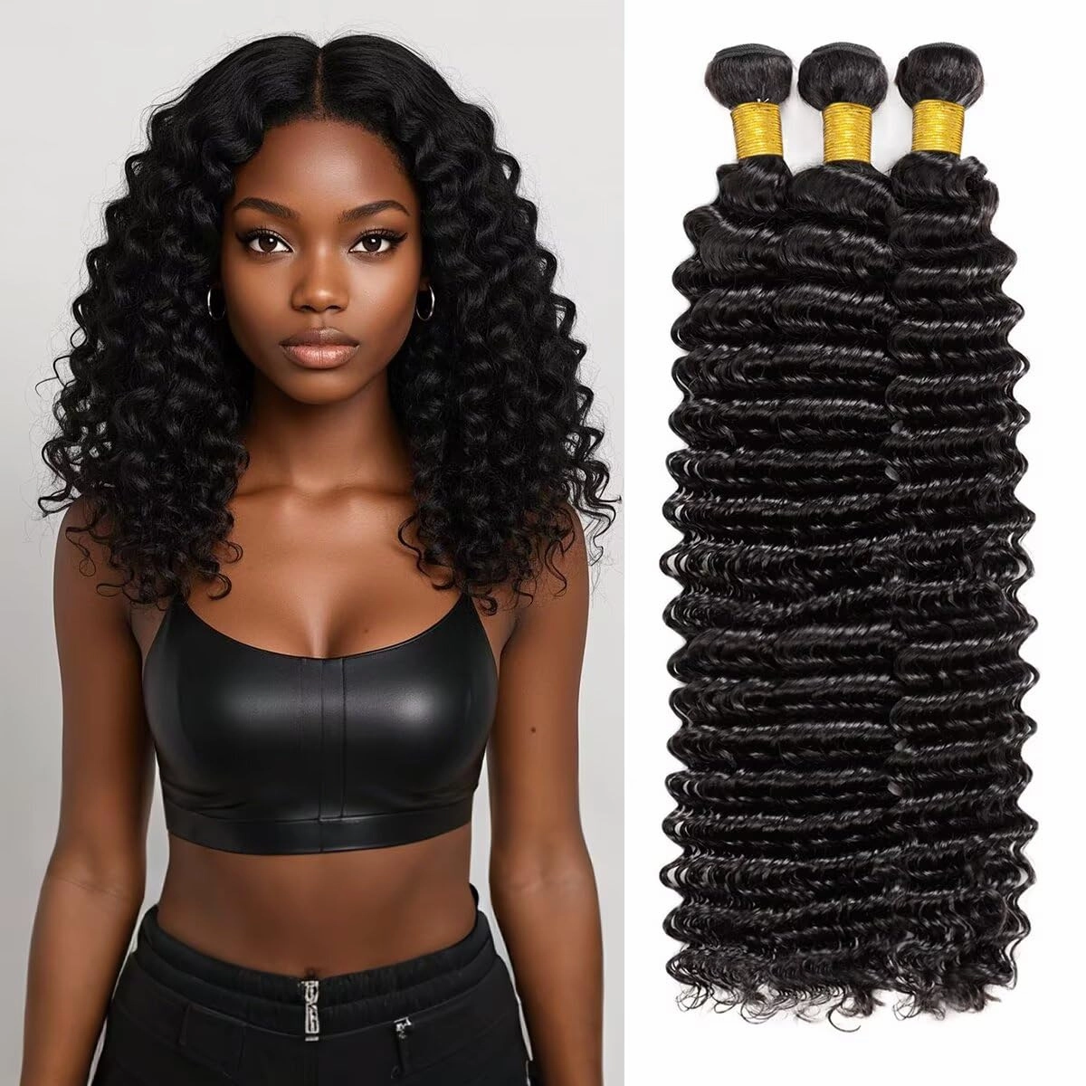 12A Human Hair Bundles 12 14 16 Inch Deep Wave Bundles Human Hair 100% Unprocessed Brazilian Virgin Deep Curly Weave 3 Bundle Water Wavy Hair Extensions Real Human Hair 1B Bundle for Women