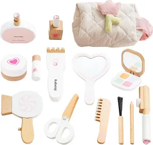 14 Piece Wooden Makeup Kit Toy for Toddlers - Pretend Play Beauty Salon Set with Styling Tools, Cosmetics, and Storage Bag - Perfect for Kids Ages 3 4 5 6