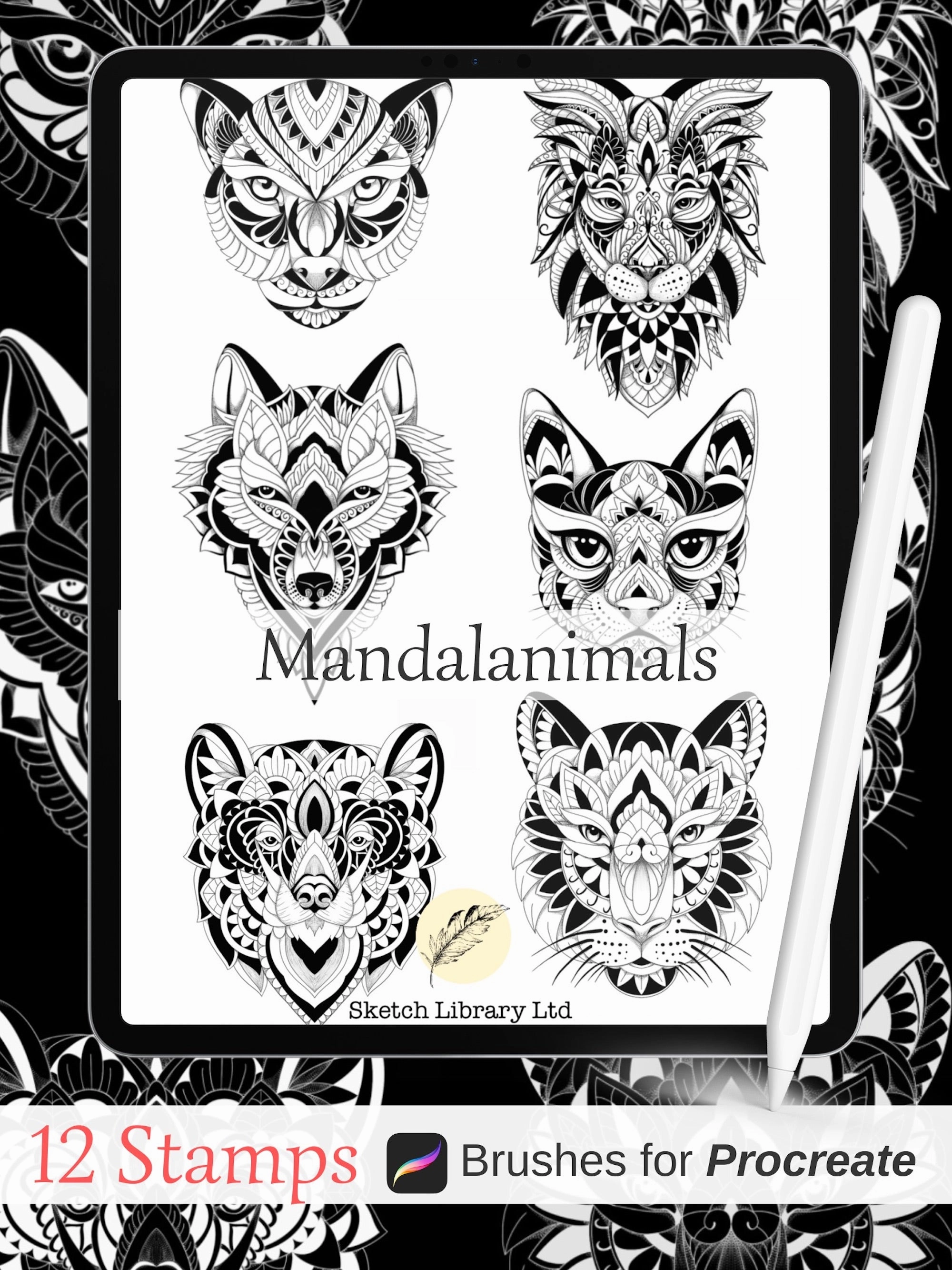 14 Mandala Animals Brushses for procreate, tattoo stamps, on Ipad & Ipad pro, ornamental,