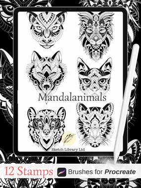 14 Mandala Animals Brushses for procreate, tattoo stamps, on Ipad & Ipad pro, ornamental,