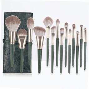 14pc Makeup Brush Set Green Wooden Handle Cosmetics Brush Kit No Shedding for Beginners Professionals
