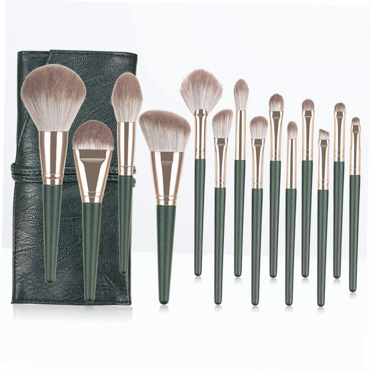 14pc Makeup Brush Set Green Wooden Handle Cosmetics Brush Kit No Shedding for Beginners Professionals