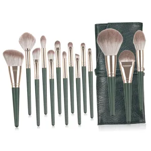 14Pcs Makeup Brush Set with Green Wood Handles Premium Cosmetics Brush Kit for Powder Application Includes Storage Pouch for Daily Professional Use