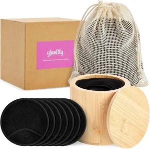 18 Pack Reusable Cotton Rounds for Makeup Removal with Bamboo Holder and Mesh Storage Bag (Black)
