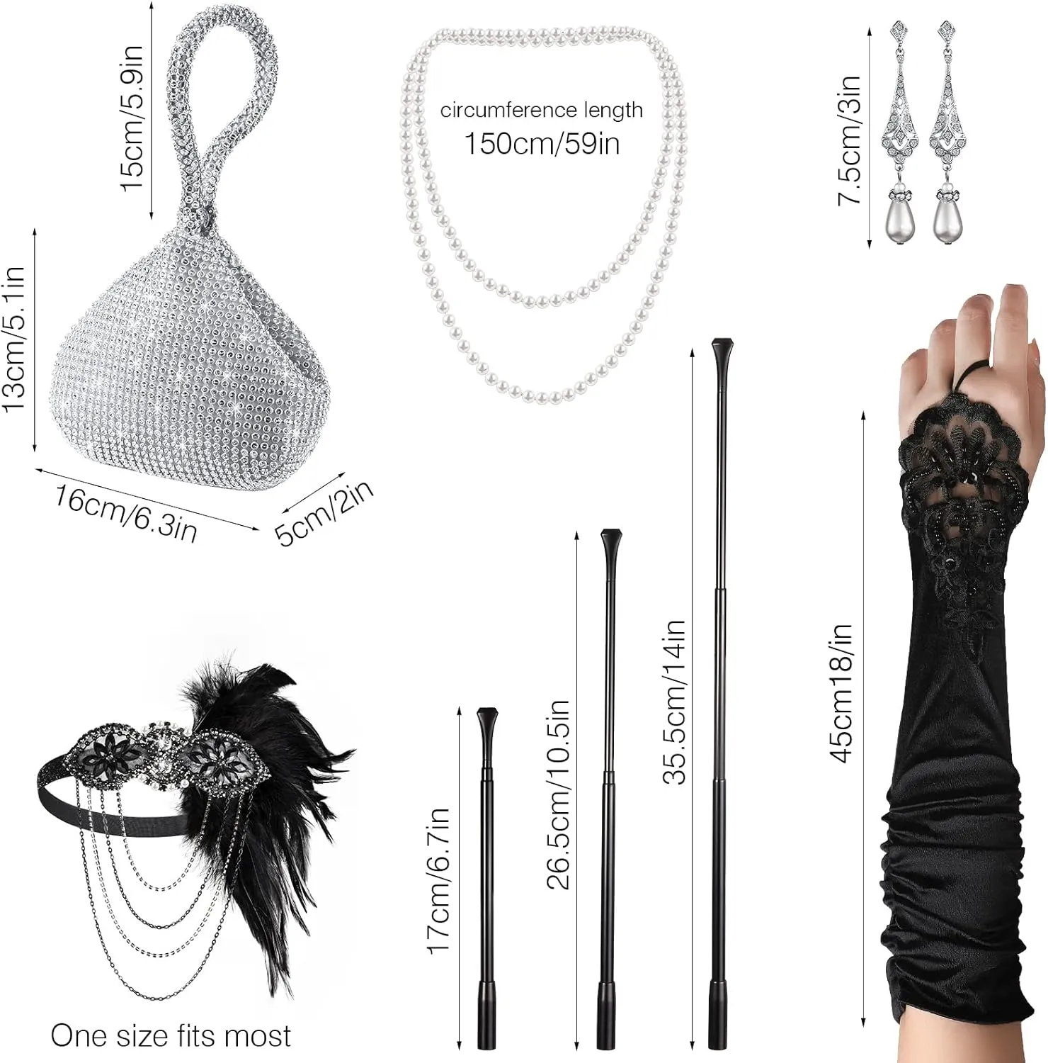 1920s Accessories Headband Necklace Gloves Earrings Long Holder Bling Glitter Purse Flapper Women's Costume Accessories Set
