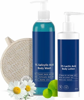 1% Salicylic Acid Bodywash 375 mL with Loofah & 5% Lactic Acid Lotion 200 mL for Women | Helps to Prevent Body Acne, Cleanses Skin & Nourishes Skin | Paraben and SLS Free