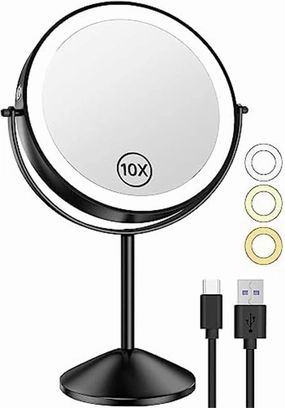 1X/10X Magnifying Vanity Mirror with 3 Color Lights - Rechargeable Dimming Double Sided LED Tabletop Mirror for Makeup, Beauty and Grooming