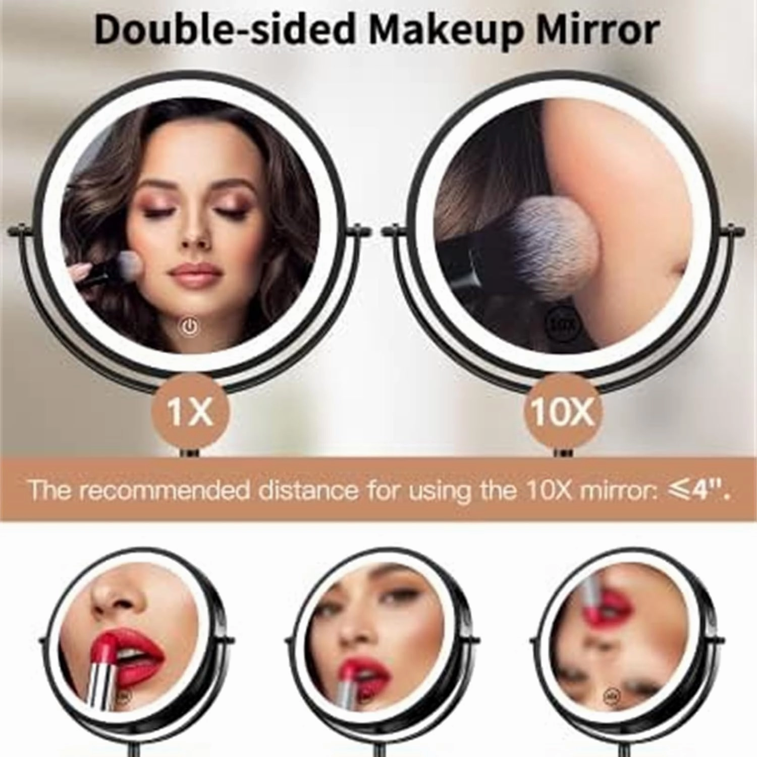 1X/10X Magnifying Vanity Mirror with 3 Color Lights - Rechargeable Dimming Double Sided LED Tabletop Mirror for Makeup, Beauty and Grooming