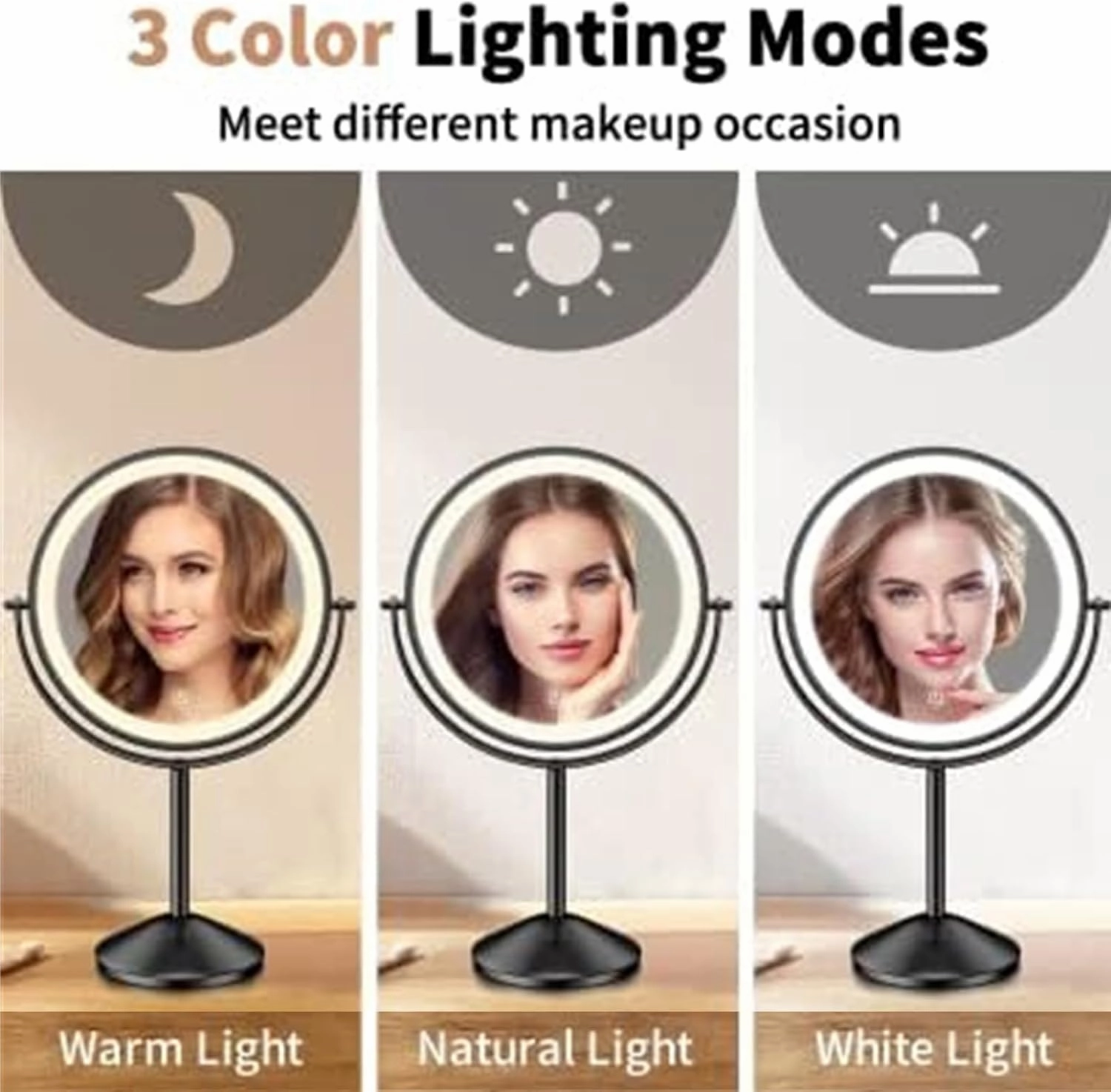 1X/10X Magnifying Vanity Mirror with 3 Color Lights - Rechargeable Dimming Double Sided LED Tabletop Mirror for Makeup, Beauty and Grooming