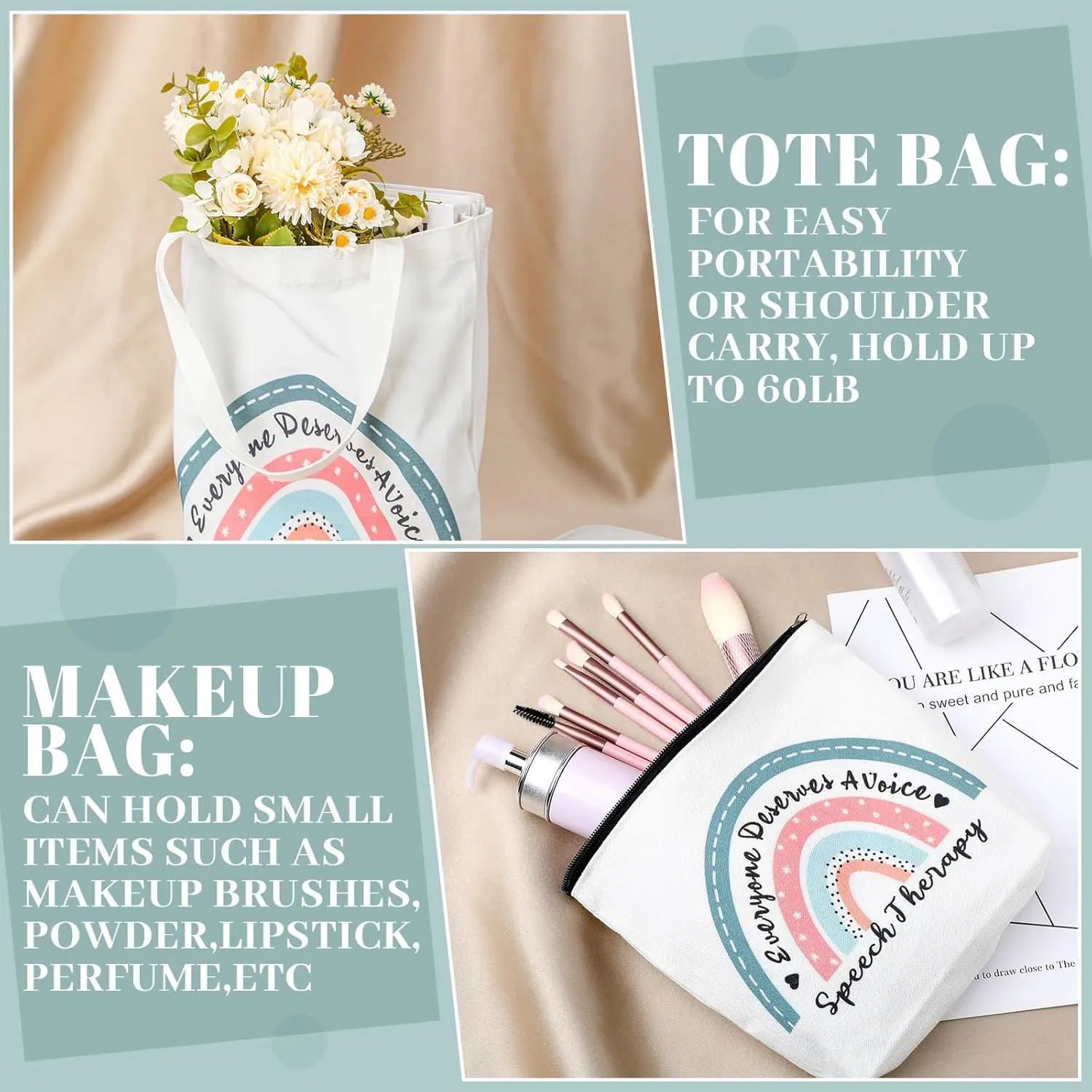 2 Pcs Speech Language Pathologist Gifts Everyone Deserve a Voice Speech Therapy Tote Bag Rainbow SLP Cosmetic Bag Graduation Gifts for Women SP Assistant Therapist