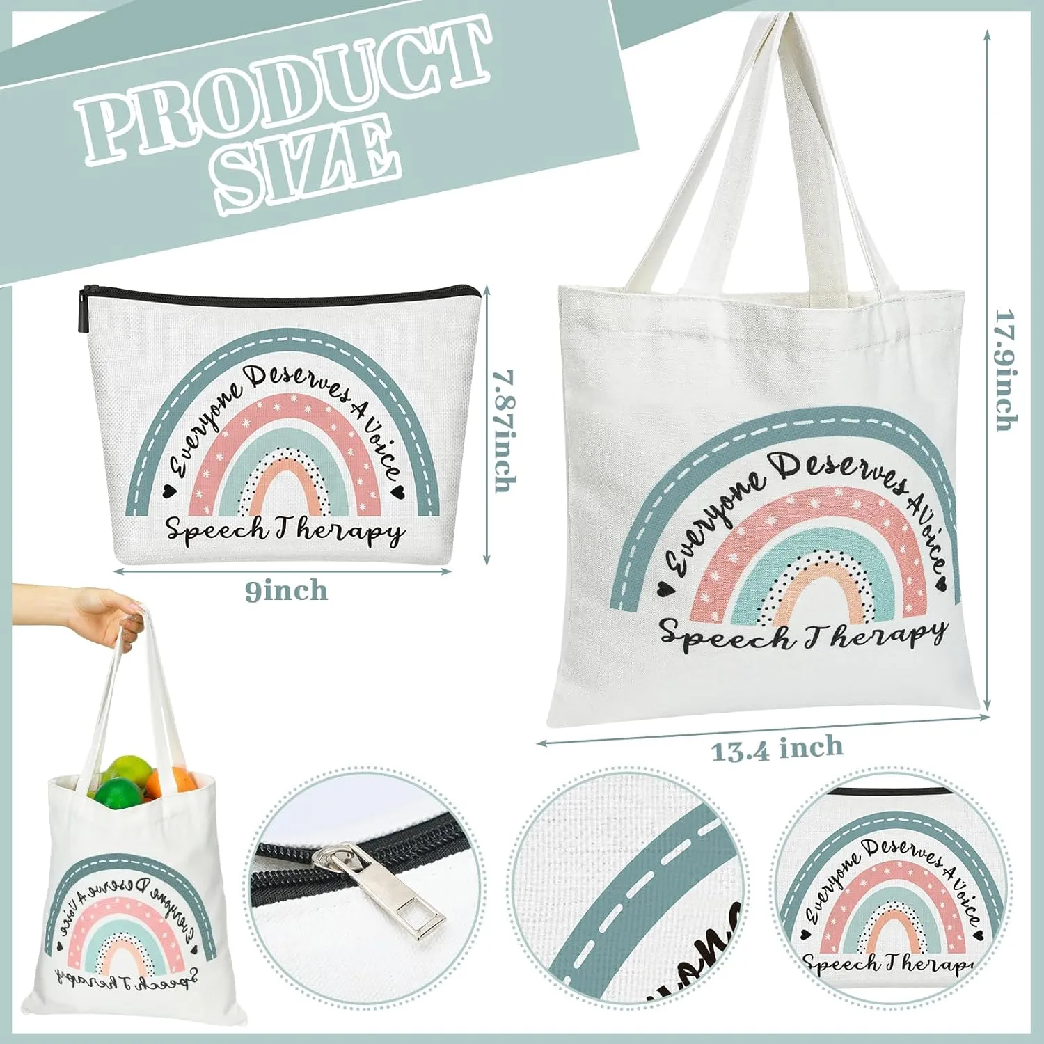 2 Pcs Speech Language Pathologist Gifts Everyone Deserve a Voice Speech Therapy Tote Bag Rainbow SLP Cosmetic Bag Graduation Gifts for Women SP Assistant Therapist