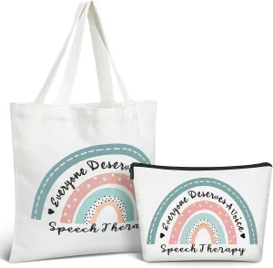 2 Pcs Speech Language Pathologist Gifts Everyone Deserve a Voice Speech Therapy Tote Bag Rainbow SLP Cosmetic Bag Graduation Gifts for Women SP Assistant Therapist
