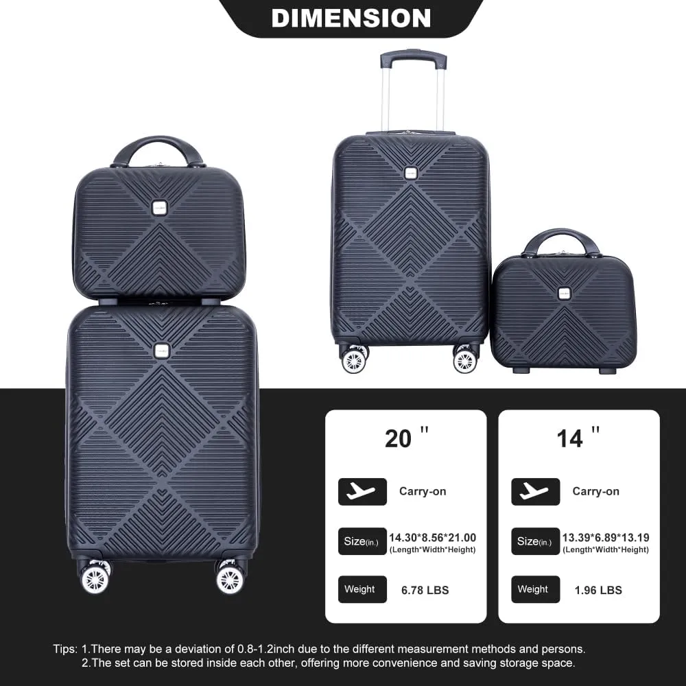 2-Piece ABS Luggage Set (20" Carry-On   14" Vanity Case) - Lightweight Hardshell Suitcases with 360° Spinner Wheels (Black   ABS)