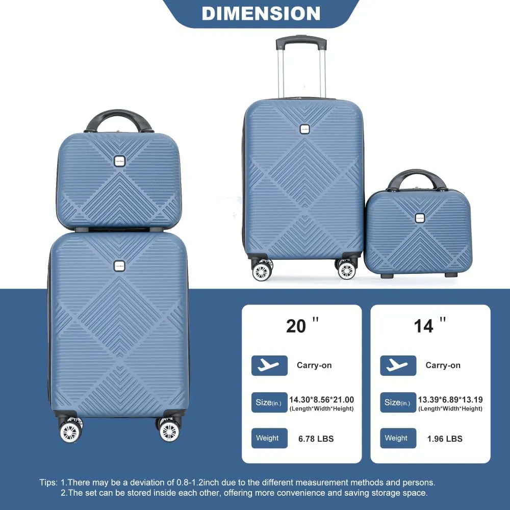 2-Piece ABS Luggage Set (20" Carry-On   14" Vanity Case) - Lightweight Hardshell Suitcases with 360° Spinner Wheels (Blue   ABS)