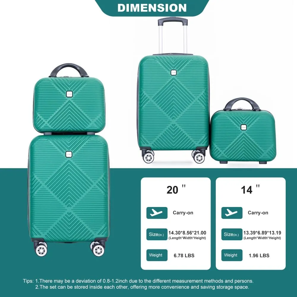 2-Piece ABS Luggage Set (20" Carry-On   14" Vanity Case) - Lightweight Hardshell Suitcases with 360° Spinner Wheels (Dark Green   ABS)
