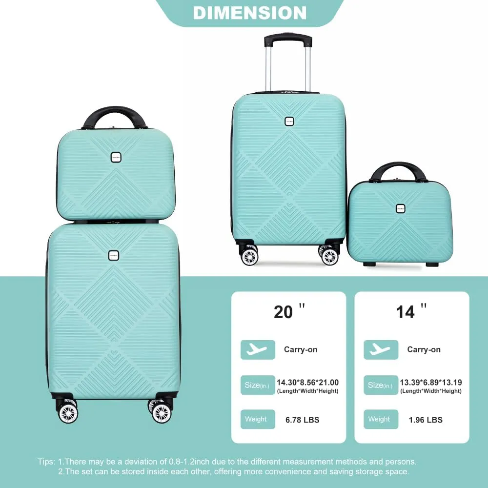 2-Piece ABS Luggage Set (20" Carry-On   14" Vanity Case) - Lightweight Hardshell Suitcases with 360° Spinner Wheels (Light Blue   ABS)