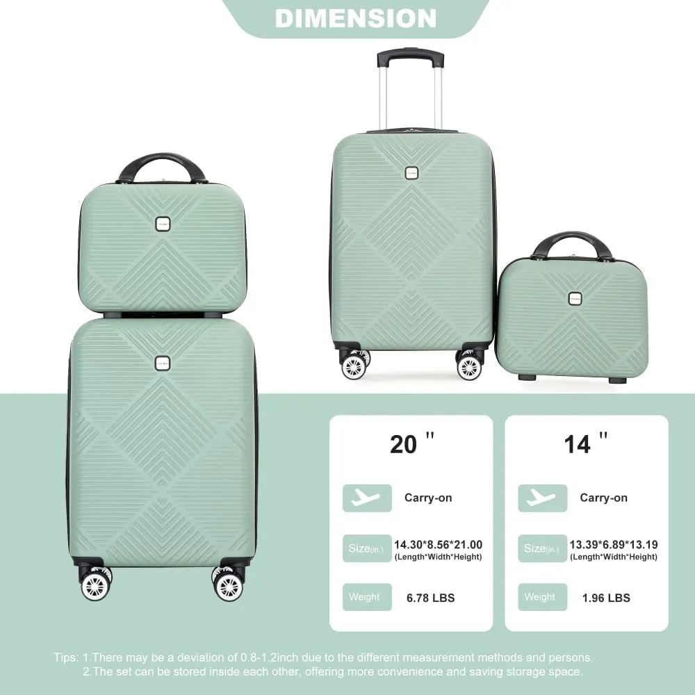 2-Piece ABS Luggage Set (20" Carry-On   14" Vanity Case) - Lightweight Hardshell Suitcases with 360° Spinner Wheels (Olive Green   ABS)