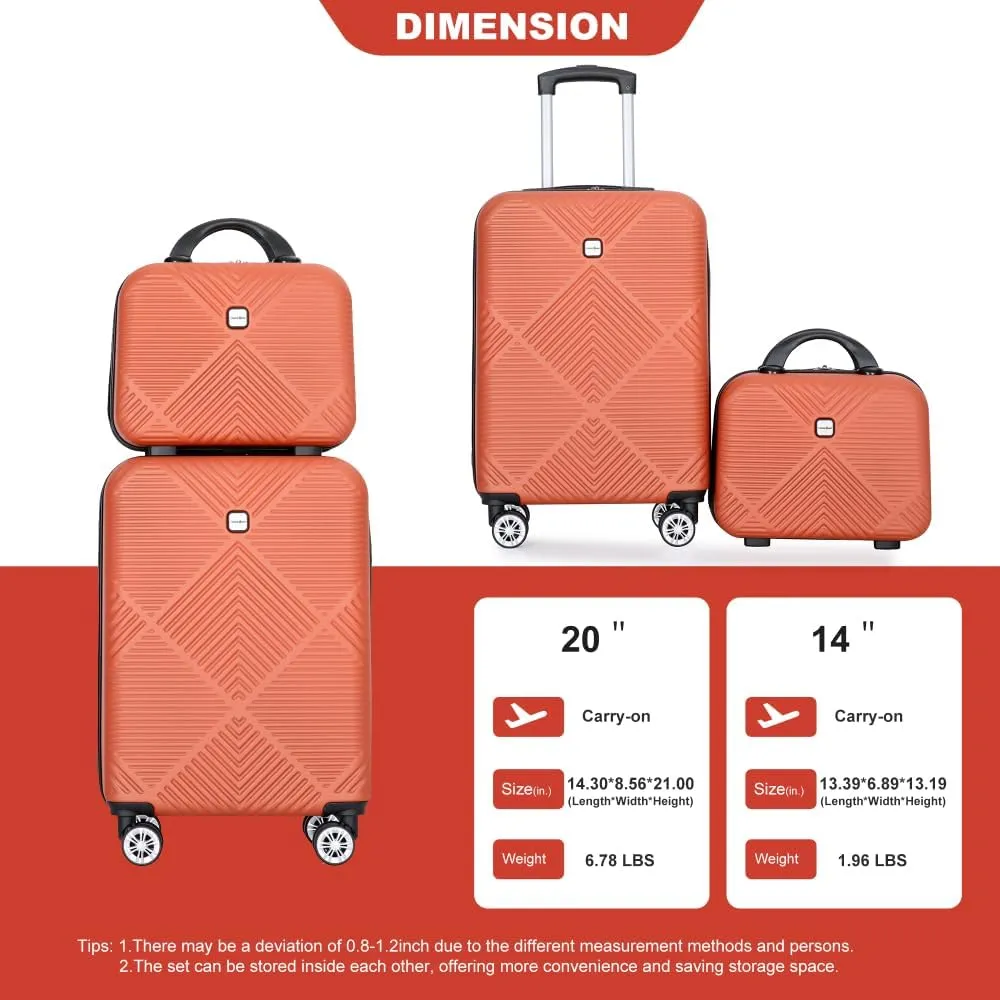 2-Piece ABS Luggage Set (20" Carry-On   14" Vanity Case) - Lightweight Hardshell Suitcases with 360° Spinner Wheels (Orange   ABS)