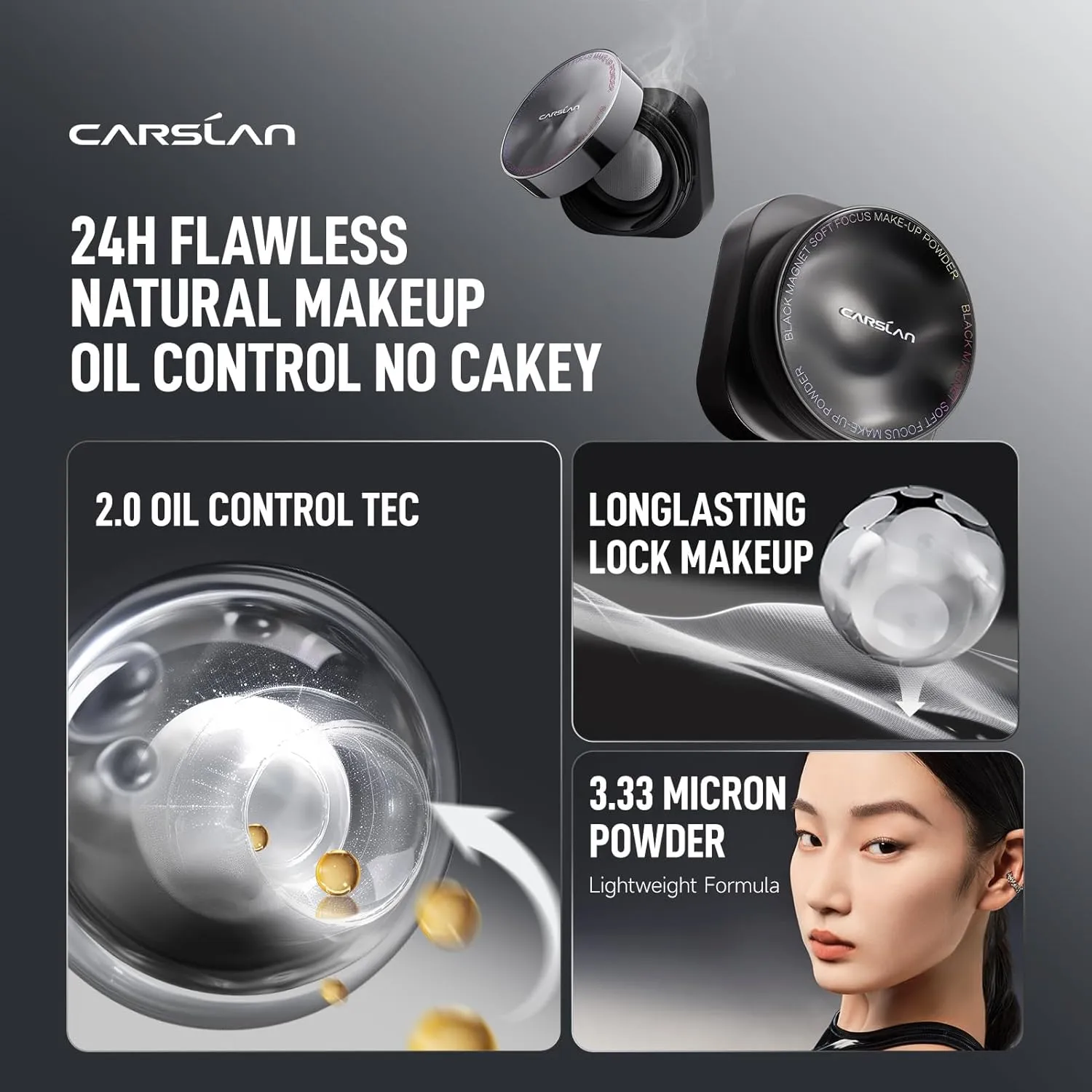 2.0 Black Magnet Soft Focus Make Up Powder, Waterproof Loose Setting Powder, 24H Longlasting, Oil Control, Talc-Free Face Powder, 01 Light Purple For Dry&Com Skin, 0.28Oz