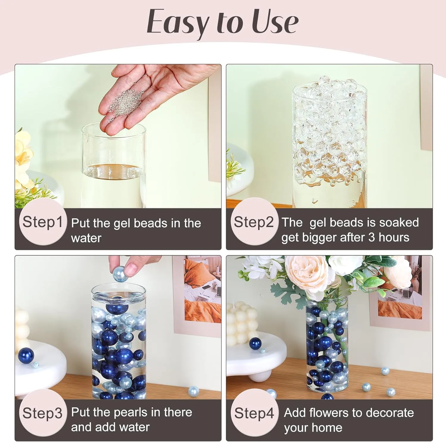 280Pcs Beads Faux Pearls Vase Filler for Centerpieces, Navy Light Blue 8/14/18mm No Hole Pearls for Vase, Beads for Wedding Makeup Party Home Birthday Table Decor Decoration