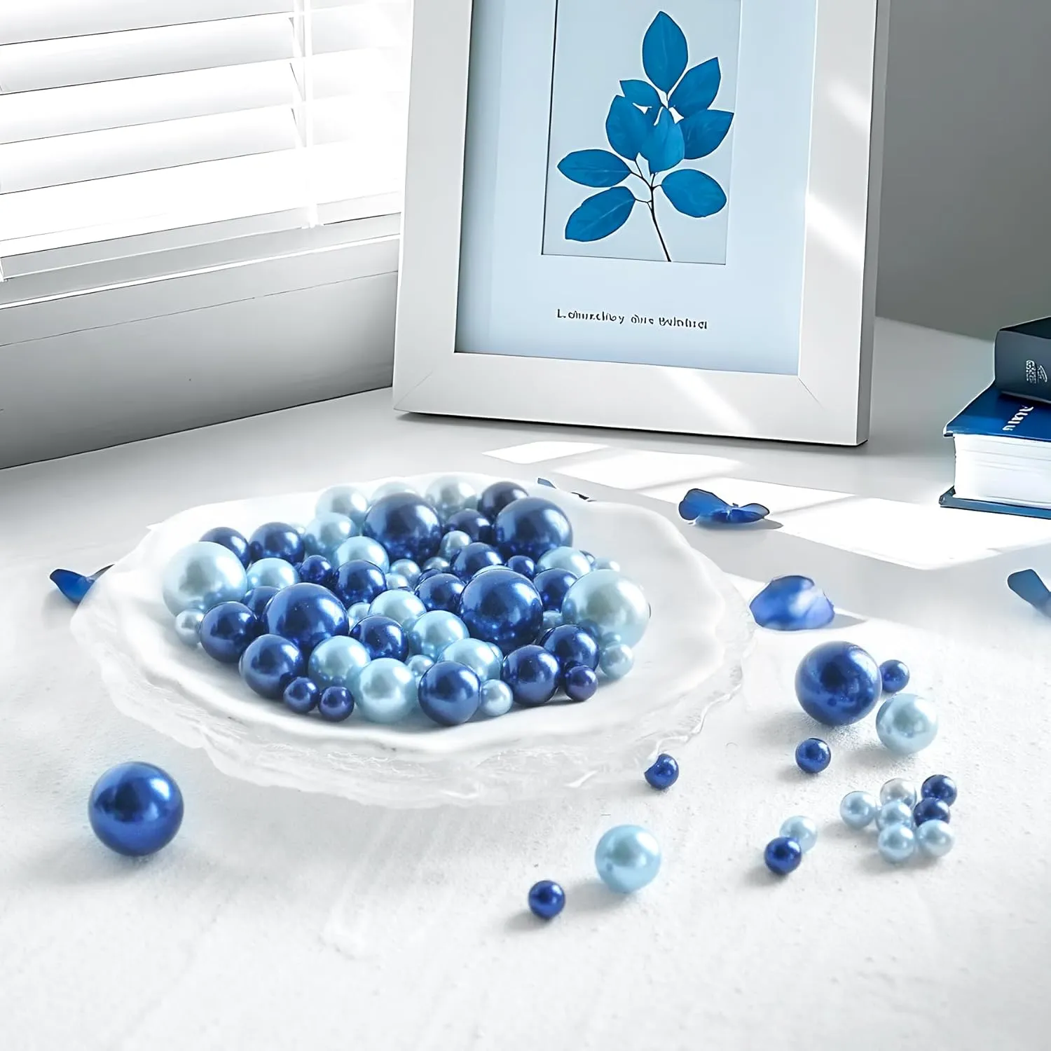 280Pcs Beads Faux Pearls Vase Filler for Centerpieces, Navy Light Blue 8/14/18mm No Hole Pearls for Vase, Beads for Wedding Makeup Party Home Birthday Table Decor Decoration