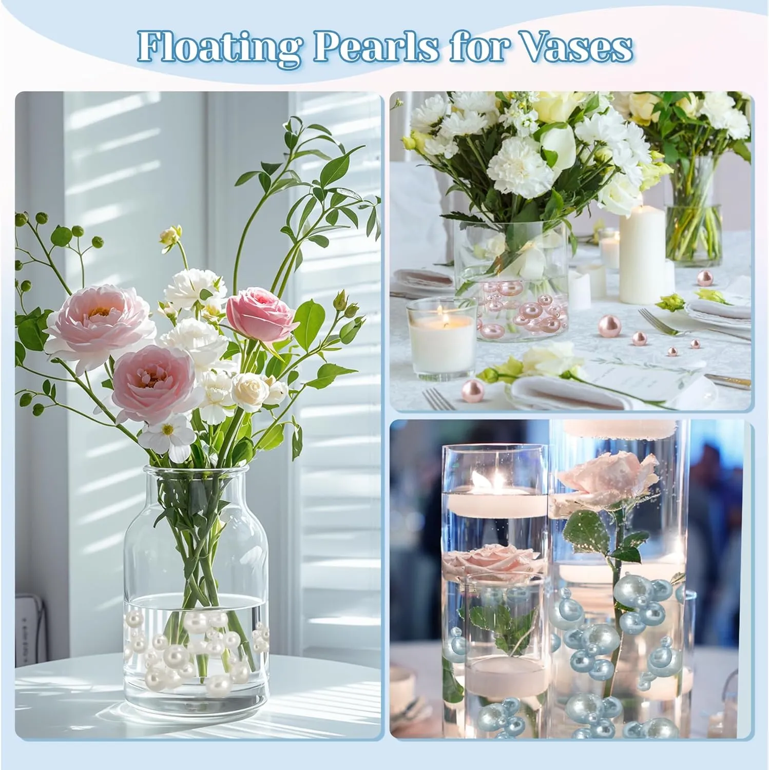 280Pcs Beads Faux Pearls Vase Filler for Centerpieces, Navy Light Blue 8/14/18mm No Hole Pearls for Vase, Beads for Wedding Makeup Party Home Birthday Table Decor Decoration