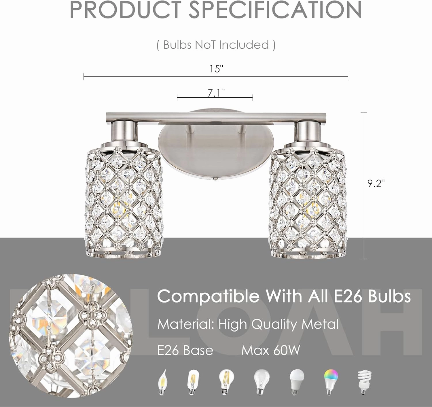 2 Light Bathroom Light Fixtures, Modern Farmhouse Vanity Light,Brushed Nickel Bathroom Lights Over Mirror,Crystal Vanity Lighting Fixtures for Bathroom,Powder Room