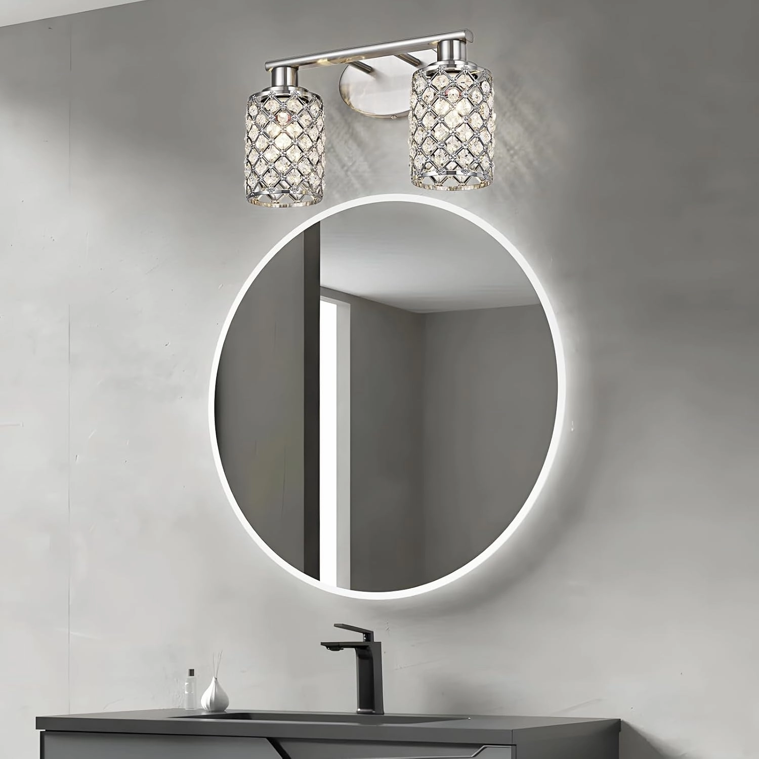 2 Light Bathroom Light Fixtures, Modern Farmhouse Vanity Light,Brushed Nickel Bathroom Lights Over Mirror,Crystal Vanity Lighting Fixtures for Bathroom,Powder Room