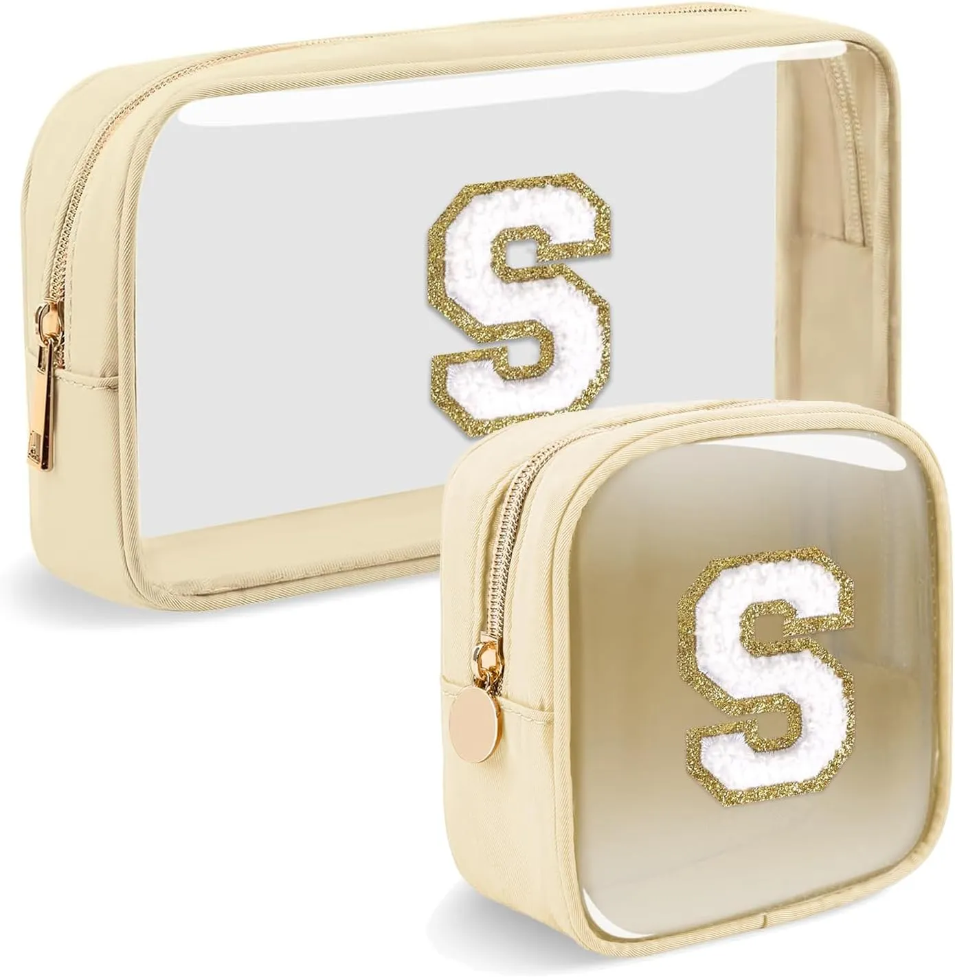 2pcs Personalized Initial Letter Clear Makeup Bag | Waterproof Nylon Preppy Cosmetic Bag | Travel Toiletry Bag | Monogrammed Gifts for Women Girl | Wedding Bridal Shower Gifts for Bridesmaids(Beige S)