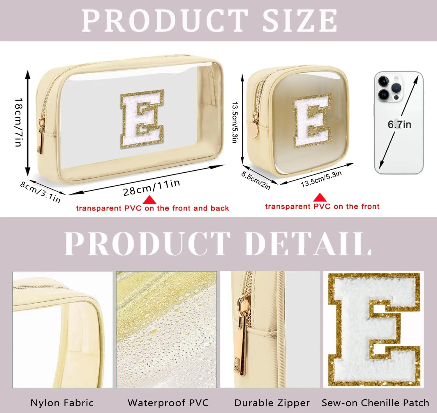 2pcs Personalized Initial Letter Clear Makeup Bag | Waterproof Nylon Preppy Cosmetic Bag | Travel Toiletry Bag | Monogrammed Gifts for Women Girl | Wedding Bridal Shower Gifts for Bridesmaids(Beige S)
