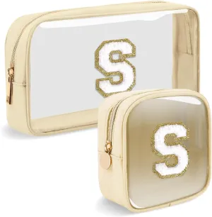 2pcs Personalized Initial Letter Clear Makeup Bag | Waterproof Nylon Preppy Cosmetic Bag | Travel Toiletry Bag | Monogrammed Gifts for Women Girl | Wedding Bridal Shower Gifts for Bridesmaids(Beige S)