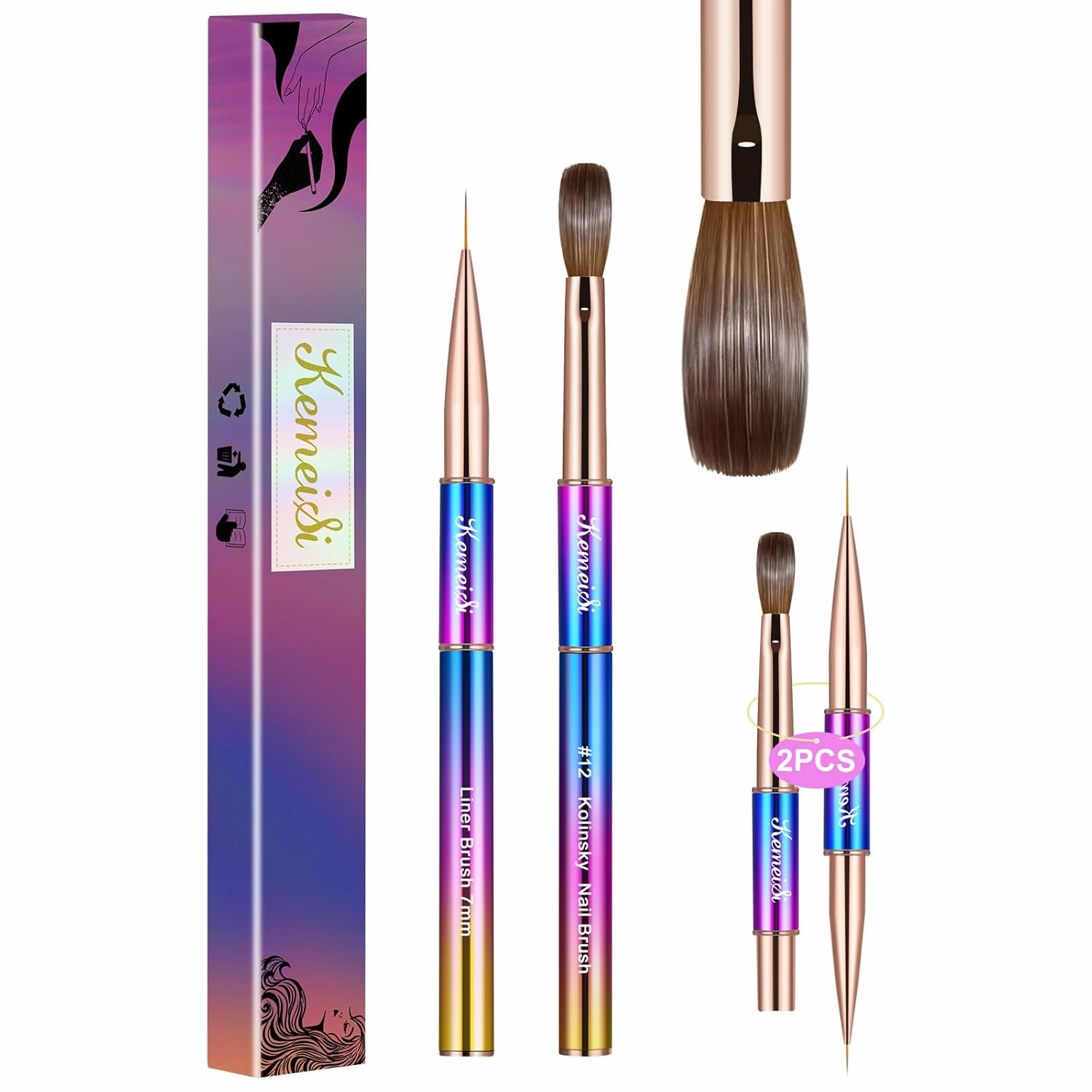 2PCS Nail Brush - Liner & Kolinsky Art Brush Size #12 for Acrylic Application, Sturdy Handle Oval Shaped Design Tools for Professional Manicure DIY
