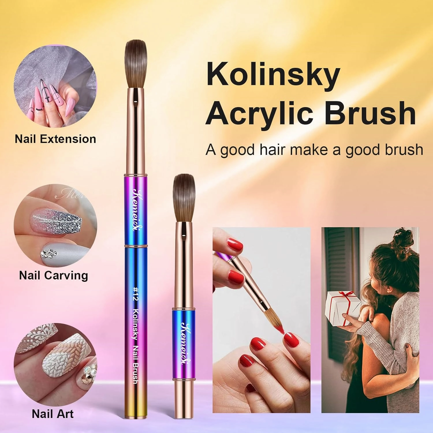 2PCS Nail Brush - Liner & Kolinsky Art Brush Size #12 for Acrylic Application, Sturdy Handle Oval Shaped Design Tools for Professional Manicure DIY