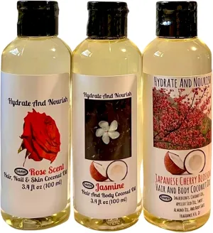 3 Pack Hair and Skin Scented Body Oil Set. Jasmine, Rose, Japanese Cherry Blossom Coconut Oil Fragrance Massage Oil. Multi-Use Oils for The Whole Family 3.4 Fl. Oz Travel Size Containers