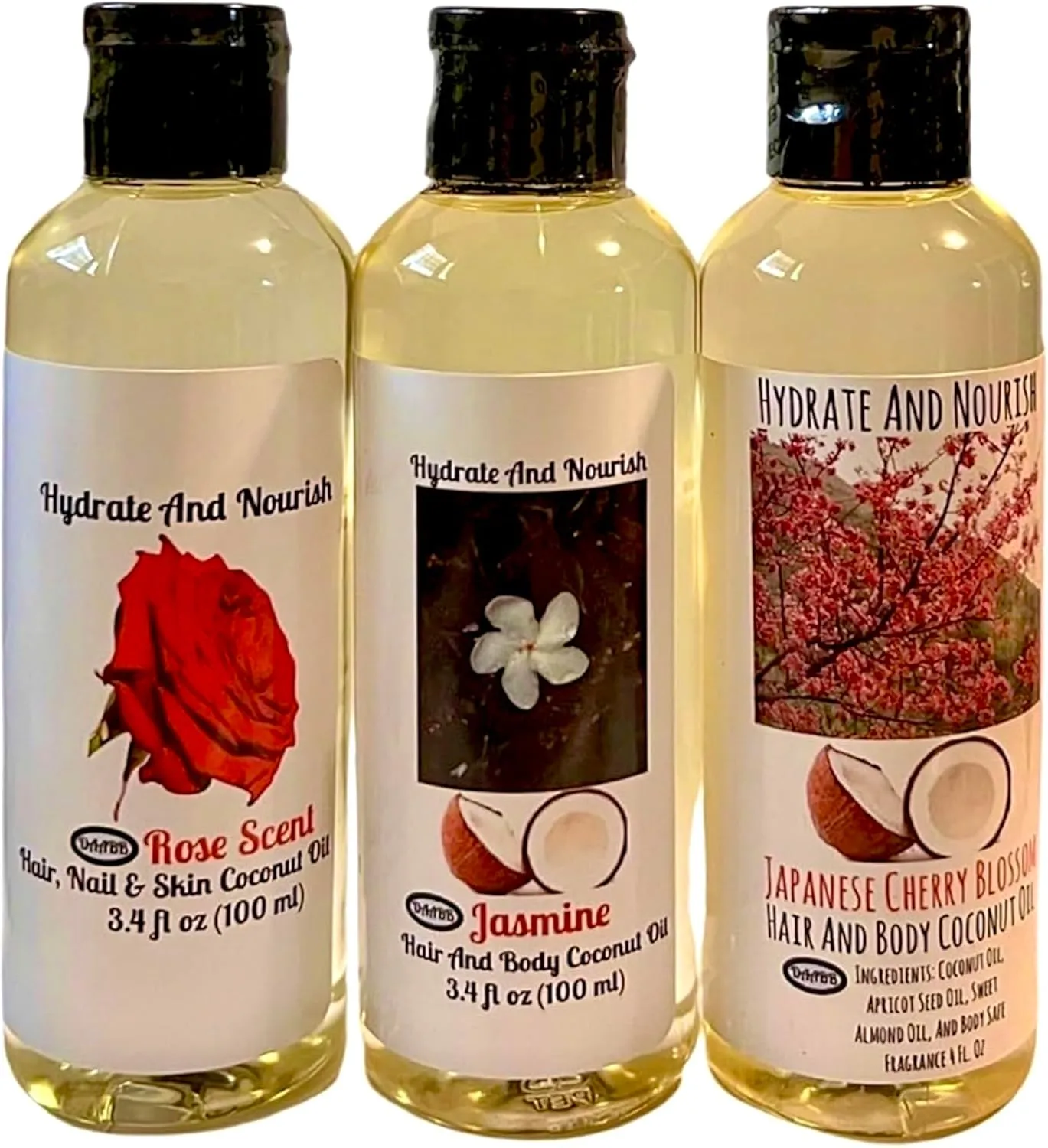 3 Pack Hair and Skin Scented Body Oil Set. Jasmine, Rose, Japanese Cherry Blossom Coconut Oil Fragrance Massage Oil. Multi-Use Oils for The Whole Family 3.4 Fl. Oz Travel Size Containers