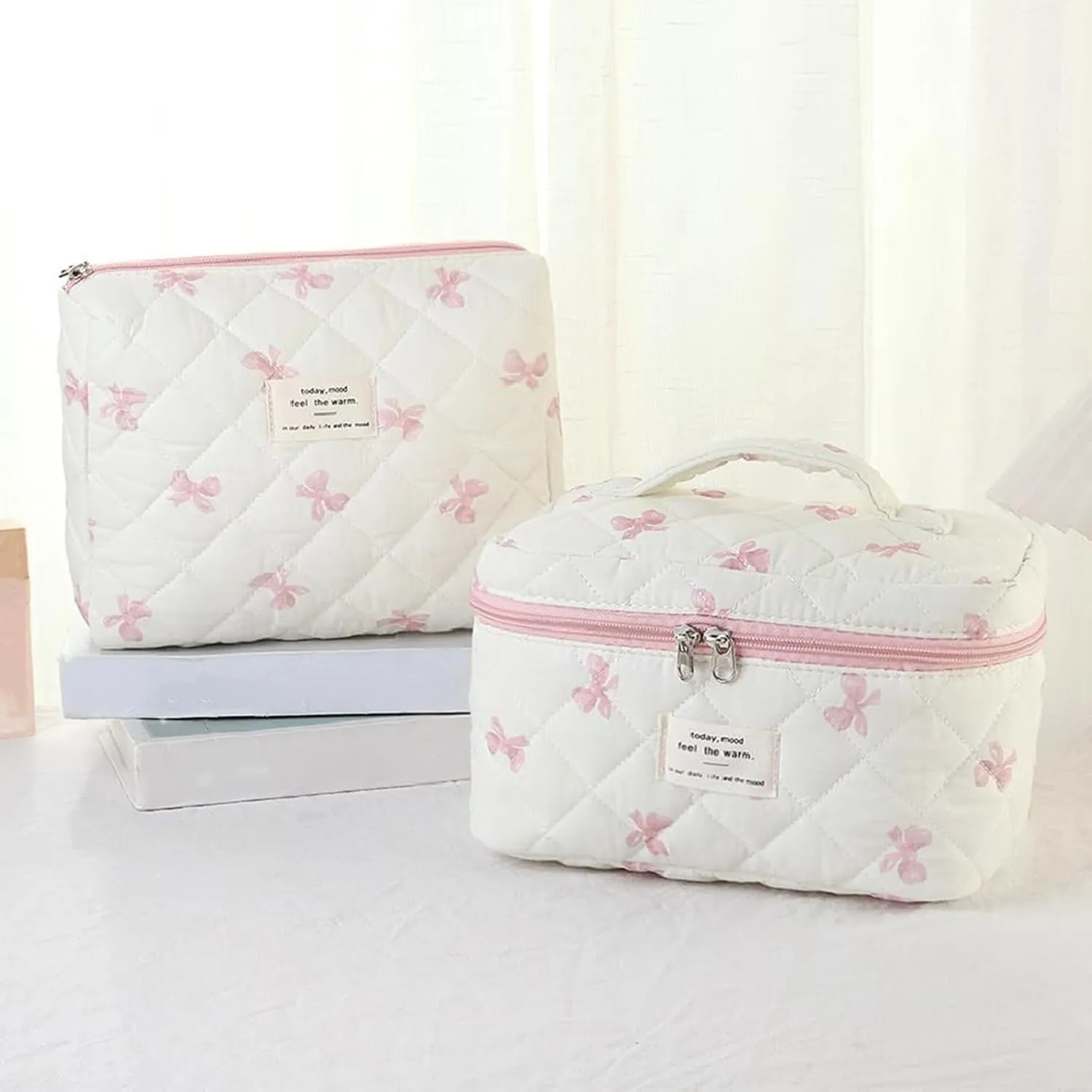 3 Pcs Quilted Makeup Bag Set,Coquette Bow Make Up Bag,Cute Floral Makeup Bags Large Toiletry Cosmetic Bag Organizer for Women Girls (O-3PCS)