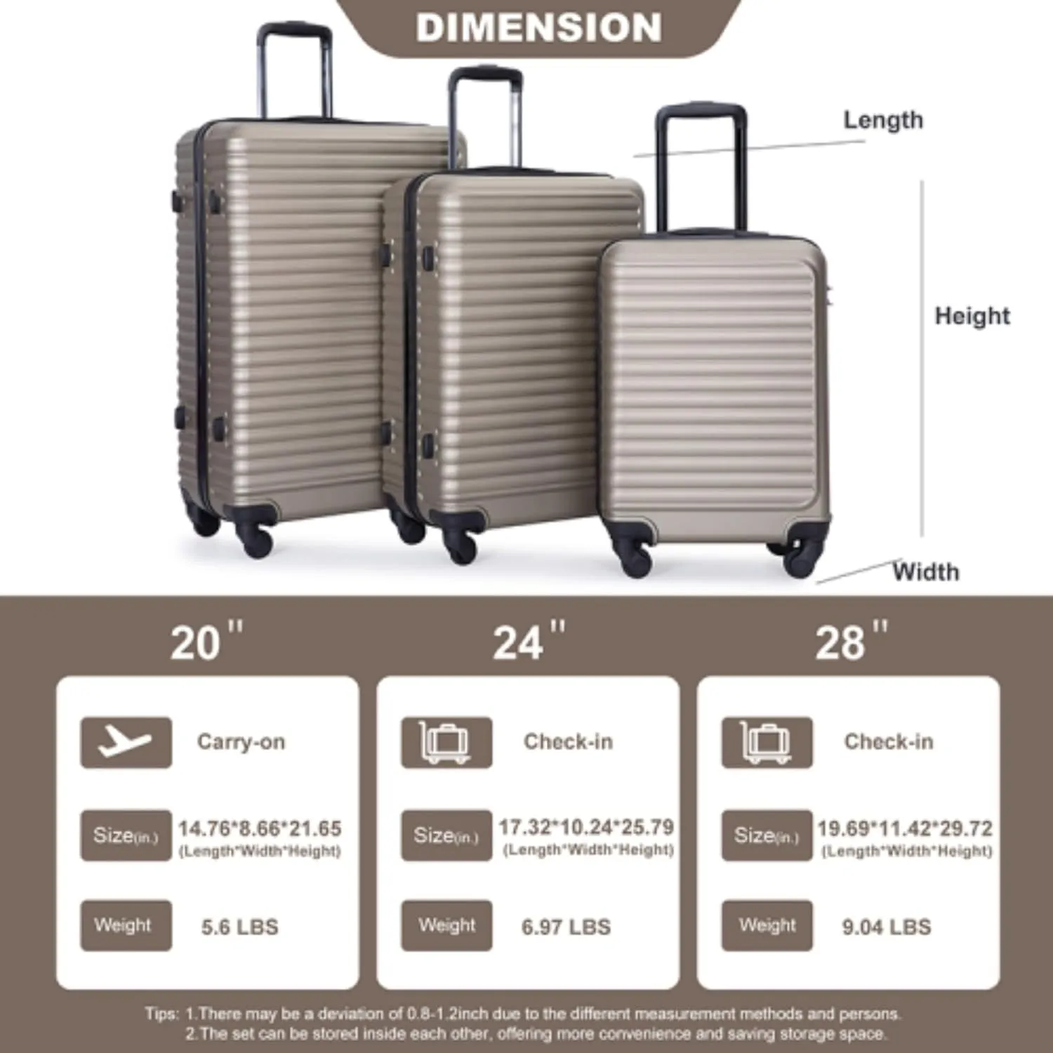 3-Piece ABS Luggage Set (20"/24"/28") - Lightweight Hardshell Suitcases with Lock, 360° Spinner Wheels & 2 Utility Hooks - Carry-On & Checked Luggage (Gold   ABS)