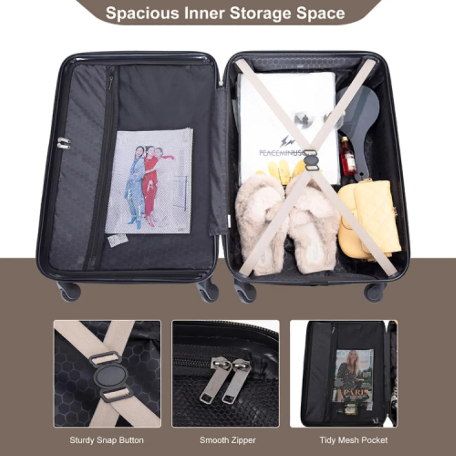 3-Piece ABS Luggage Set (20"/24"/28") - Lightweight Hardshell Suitcases with Lock, 360° Spinner Wheels & 2 Utility Hooks - Carry-On & Checked Luggage (Gold   ABS)