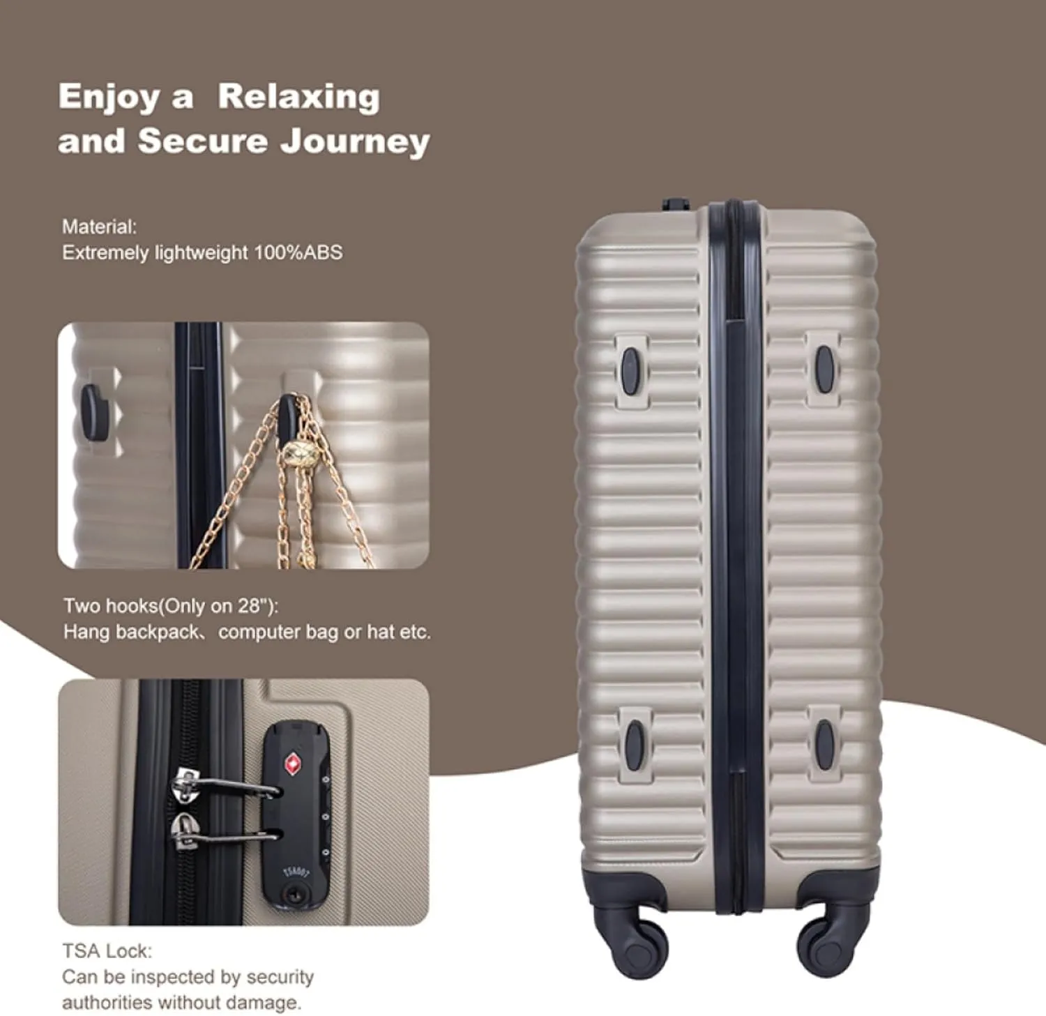 3-Piece ABS Luggage Set (20"/24"/28") - Lightweight Hardshell Suitcases with Lock, 360° Spinner Wheels & 2 Utility Hooks - Carry-On & Checked Luggage (Gold   ABS)